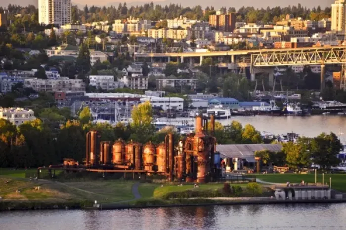 Framed Print : USA, Washington, Seattle. Mt. Rainier looms large over downtown Seattle on Lake Union