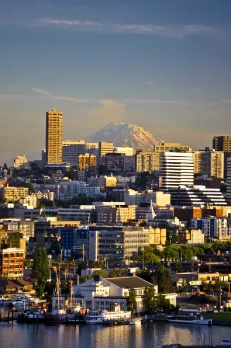 Framed Print : USA, Washington, Seattle. Mt. Rainier looms large over downtown Seattle on Lake Union Framed Print : USA, Washington, Seattle. Mt. Rainier looms large over downtown Seattle on Lake Union