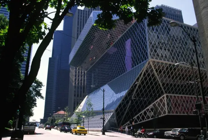 Framed Print : USA, Washington, Seattle. NE corner view, street level, of Central Library building