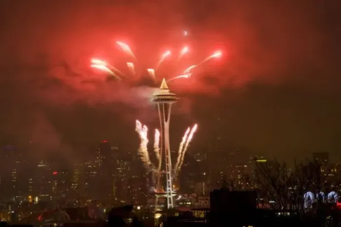 Framed Print : USA, Washington, Seattle, New Year Celebration at the Space Needle Framed Print : USA, Washington, Seattle, New Year Celebration at the Space Needle