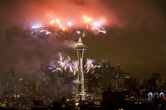 Framed Print : USA, Washington, Seattle, New Year Celebration at the Space Needle Framed Print : USA, Washington, Seattle, New Year Celebration at the Space Needle