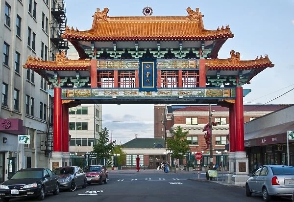 USA, Washington, Seattle. Ornate archway designates Chinatown International District