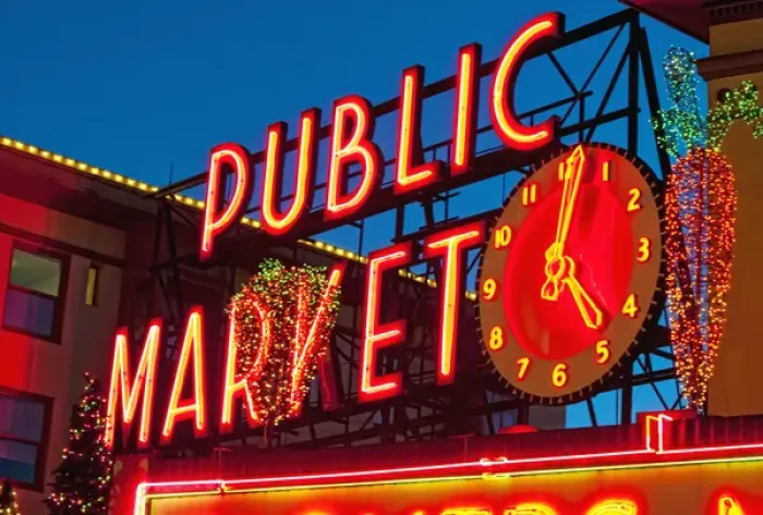 Framed Print : USA, Washington, Seattle, Pike Place Market. Christmas at the Pike Place Market in Framed Print : USA, Washington, Seattle, Pike Place Market. Christmas at the Pike Place Market in