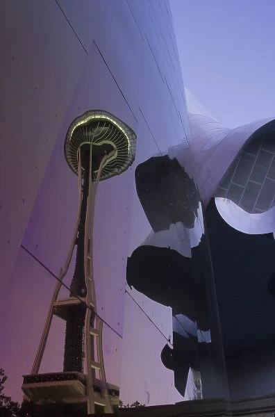 USA, Washington, Seattle, Seattle Center. Space Needle reflected in wall of Experience