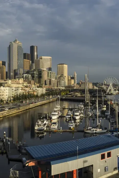 Framed Print : USA, Washington, Seattle. Skyline and waterfront over Pier 66 Bell Harbor Marina Framed Print : USA, Washington, Seattle. Skyline and waterfront over Pier 66 Bell Harbor Marina