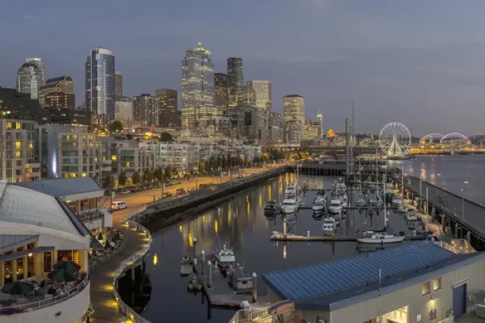 Framed Print : USA, Washington, Seattle. Skyline and waterfront over Pier 66 Bell Harbor Marina