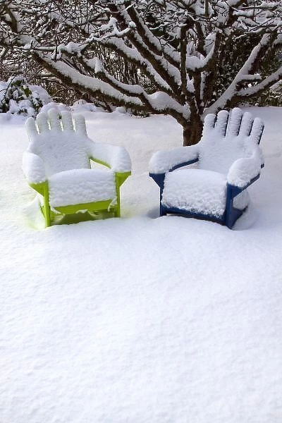USA, Washington, Seattle, Snow Covered Adirondack Chairs
