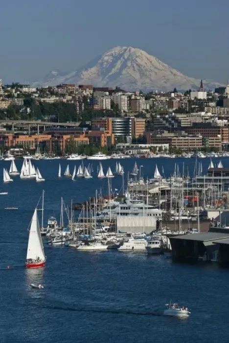 Framed Print : USA, Washington, Seattle. Summer cityscape features Lake Union, sailboats and Mt