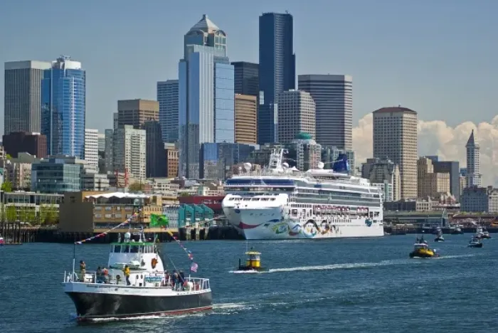 Framed Print : USA, Washington, Seattle. T  /  V Maritime Instructor leads tugboat parade along
