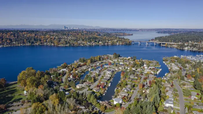 Framed Print : USA, Washington State, Bellevue. Lake Washington and SR520 floating bridge in autumn Framed Print : USA, Washington State, Bellevue. Lake Washington and SR520 floating bridge in autumn