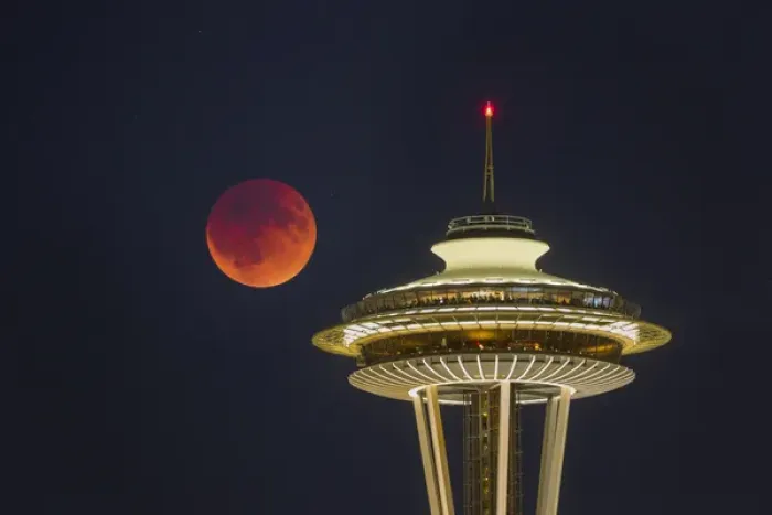 Framed Print : USA, Washington State. Blood moon (lunar eclipse) rises over Seattle Space Needle Framed Print : USA, Washington State. Blood moon (lunar eclipse) rises over Seattle Space Needle