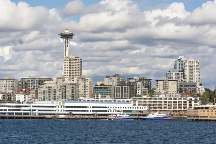 Framed Print : USA, Washington State. Bright day Seattle waterfront. Victoria Clipper ferry terminal