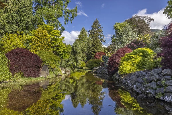 USA, Washington State, Brinnon. Whitney Garden and Nursery landscape reflects in pond