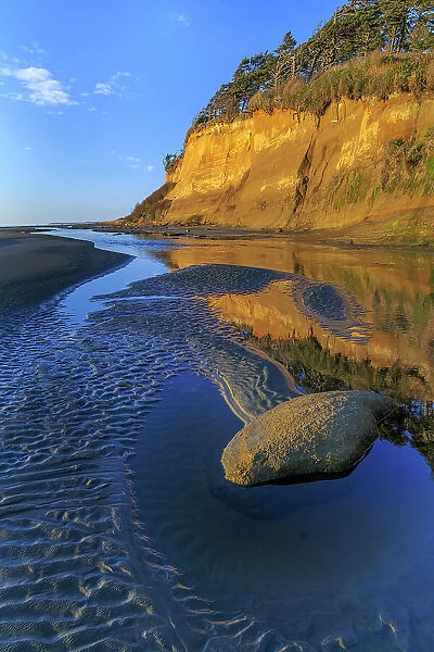 USA, Washington State, Copalis Beach, Iron Springs. Patterns in beach sand at sunset