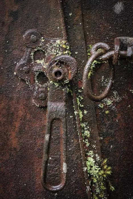 Framed Print : USA, Washington State, Elbe. Rusted metal lever detail