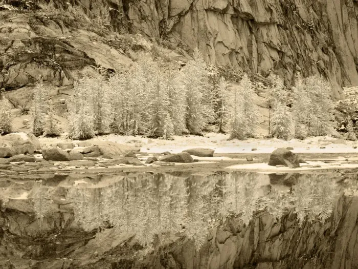 Framed Print : USA, Washington State. Enchantment lakes, snow on larch trees reflected in Gnome Tarn Framed Print : USA, Washington State. Enchantment lakes, snow on larch trees reflected in Gnome Tarn