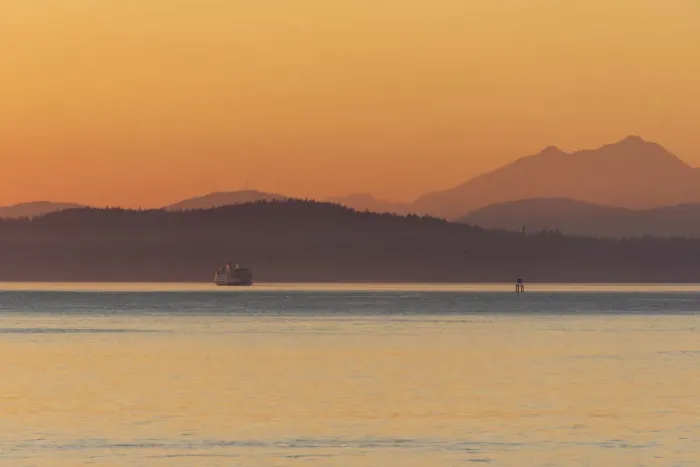 Framed Print : USA, Washington State, Ferry in evening light. Calm Puget Sound Framed Print : USA, Washington State, Ferry in evening light. Calm Puget Sound