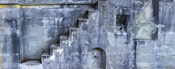 Framed Print : USA, Washington State, Fort Flagler State Park. Panoramic of stairs and weathered concrete walls Framed Print : USA, Washington State, Fort Flagler State Park. Panoramic of stairs and weathered concrete walls