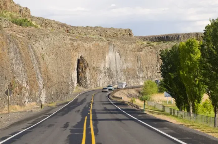 Framed Print : USA, Washington State, Grant County. Basalt cliffs along highway near Soap Lake