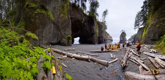Framed Print : USA. Washington state. A group of sea kayakers come ashore for a break at Cape Flattery