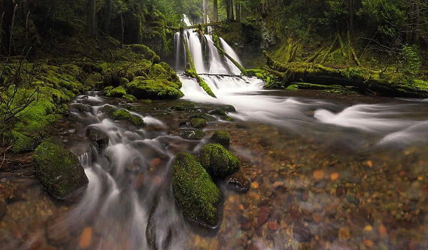USA, Washington State, Lower Panther Creek Falls. Waterfall and stream. Credit as
