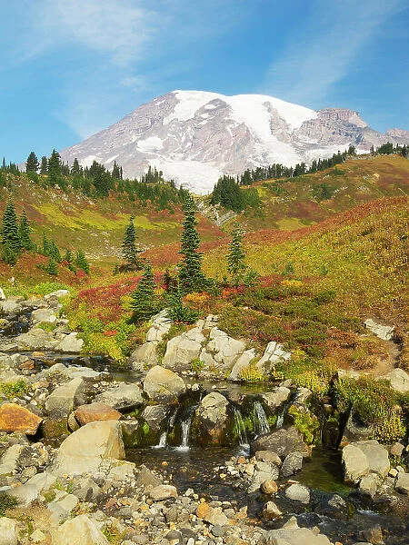 USA, Washington State, Mount Rainier National Park. Mount Rainier and fall color, with Edith Creek