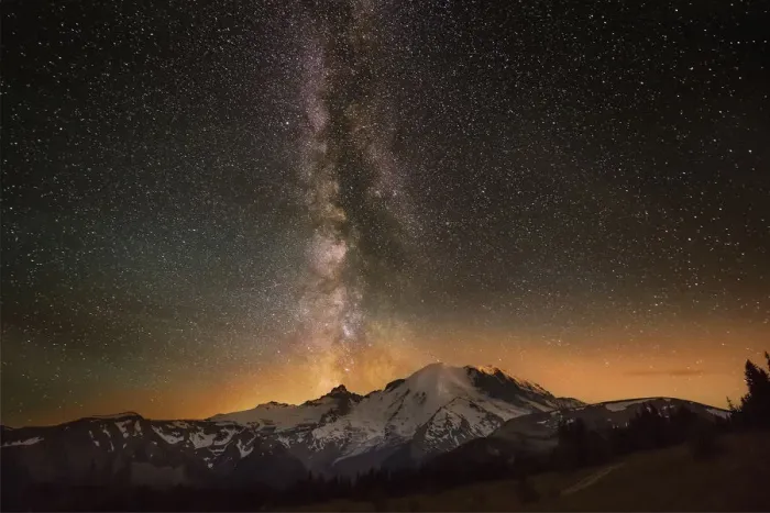 Framed Print : USA, Washington State, Mt. Rainier National Park. Milky Way over Mt. Rainier in summer