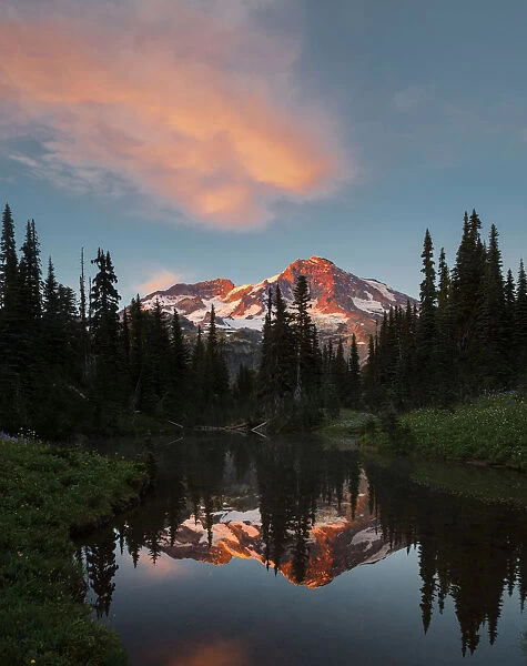 USA, Washington State. Mt. Rainier reflected in Mirror pond at sunset, at Indian