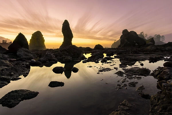 USA, Washington State, Olympic National Park. Sunrise on coast beach and rocks. Credit as