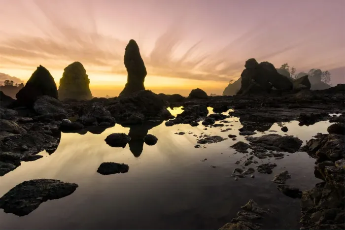 Framed Print : USA, Washington State, Olympic National Park. Sunrise on coast beach and rocks. Credit as