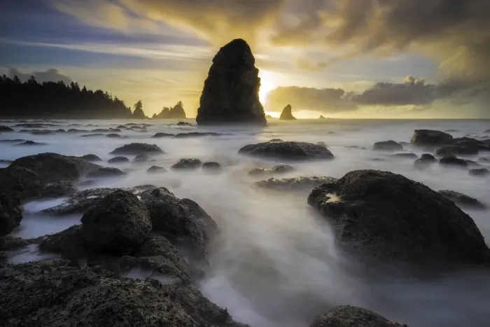 Framed Print : USA, Washington State, Olympic National Park. Sunrise on coast beach and rocks. Credit as Framed Print : USA, Washington State, Olympic National Park. Sunrise on coast beach and rocks. Credit as
