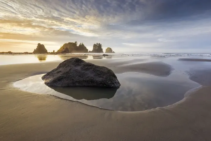 Framed Print : USA, Washington State, Olympic National Park. Sunrise on coast beach and rocks. Credit as Framed Print : USA, Washington State, Olympic National Park. Sunrise on coast beach and rocks. Credit as