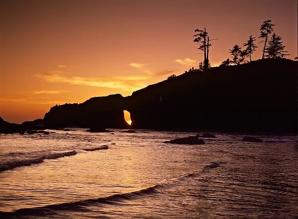 USA, Washington State, Olympic National Park. Setting sun visible through a hole