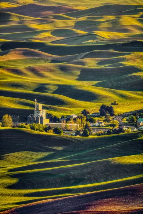Framed Print : USA, Washington State, Palouse. Steptoe Village and farmland at sunset