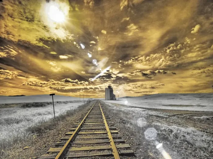 Framed Print : USA, Washington State, Palouse. Backcountry rail Road and Silo through wheat field with