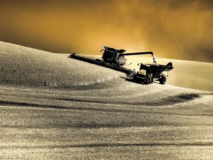 Framed Print : USA, Washington State, Palouse. Infrared combine harvesting on hillside and emptying into loader Framed Print : USA, Washington State, Palouse. Infrared combine harvesting on hillside and emptying into loader