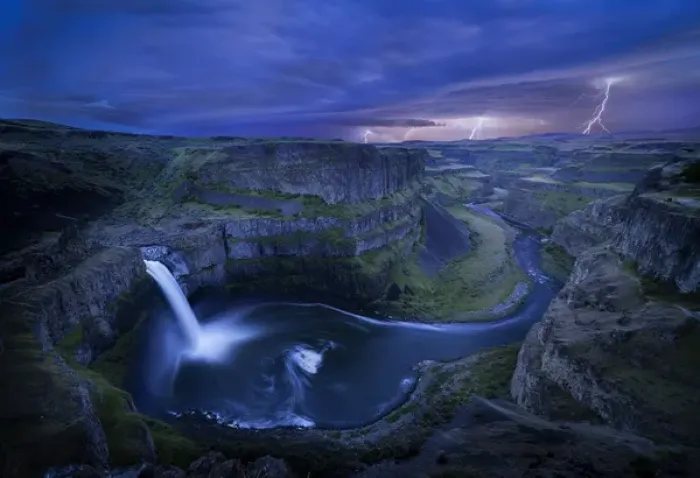 Framed Print : USA. Washington State. Palouse Falls at dusk with an approaching lightning storm Framed Print : USA. Washington State. Palouse Falls at dusk with an approaching lightning storm