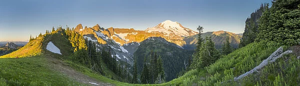USA. Washington State. Panorama of Mt. Rainier and Cowlitz Chimenys from shoulder of Tamanos Mt