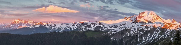 USA. Washington State. Panorama of Mt. Shuksan to Mt. Baker from Skyline Divide at sunset