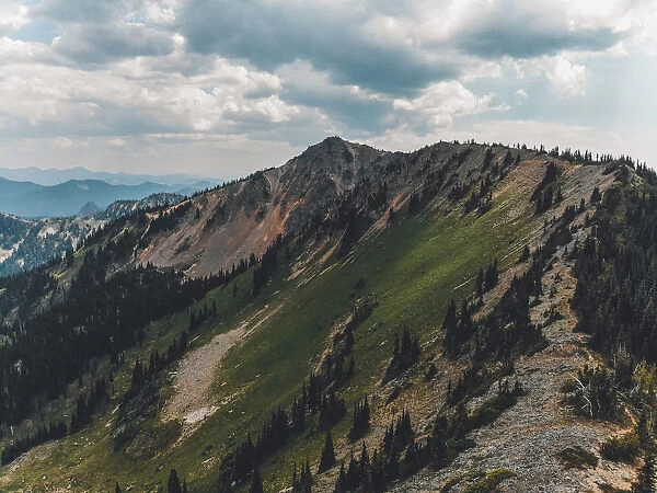 USA, Washington State, Pierce County, Crystal Mountain Resort. Aerial of Throne peak