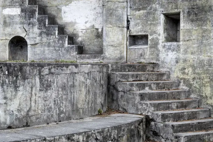 Framed Print : USA, Washington State, Port Townsend. Concrete steps and walls of fort