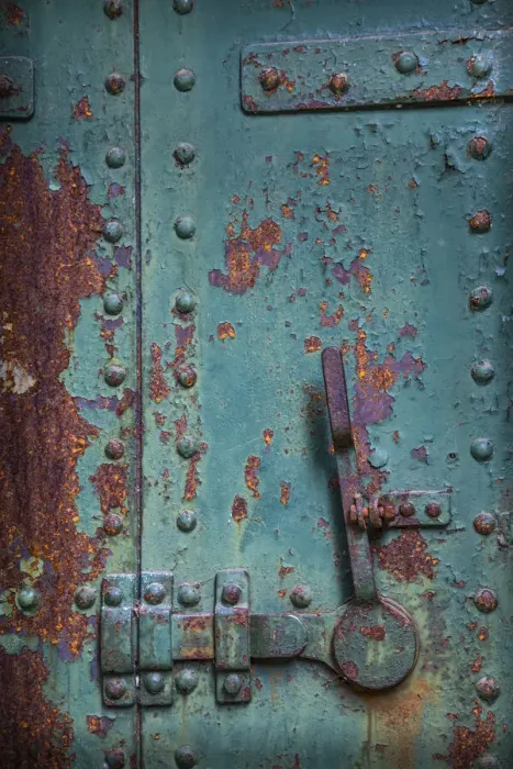 Framed Print : USA, Washington State, Port Townsend. Rusted metal door in fort