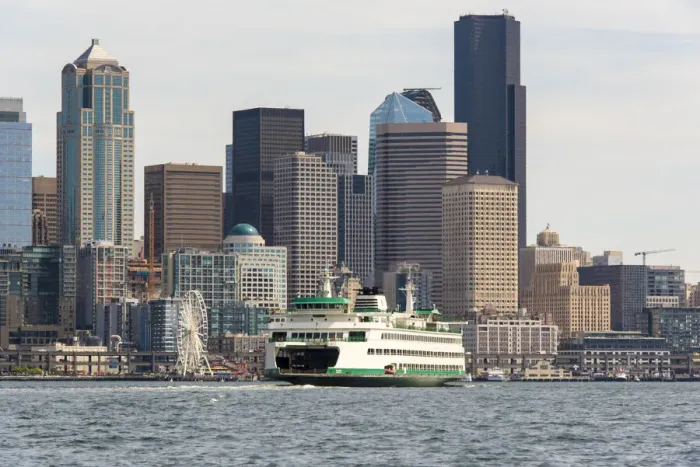 Framed Print : USA, Washington State, Puget Sound. Washington State ferry in Elliott Bay approaching Framed Print : USA, Washington State, Puget Sound. Washington State ferry in Elliott Bay approaching