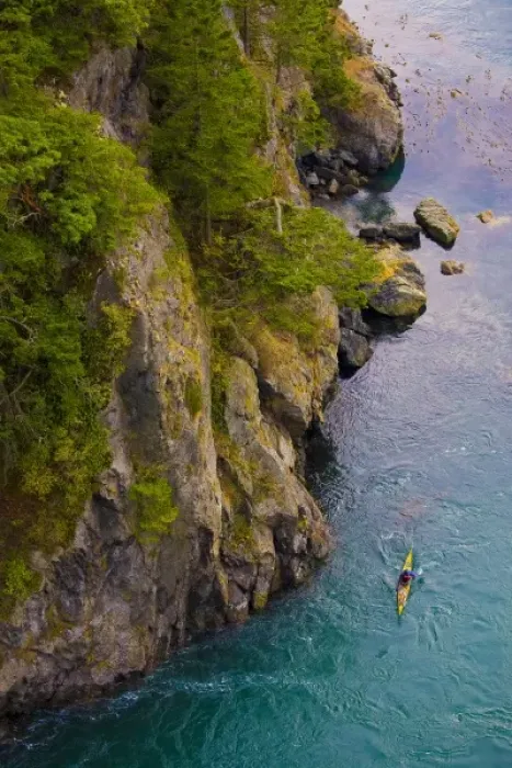 Framed Print : USA, Washington State, Puget Sound, Deception Pass. Aerial view of sea kayaker in