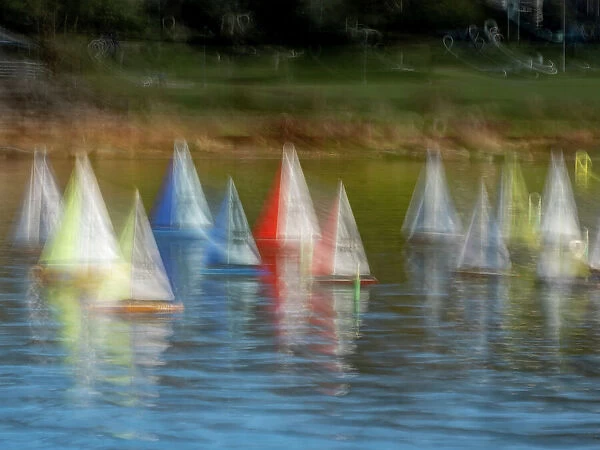 Usa, Washington State, Renton. Model yacht club remote control sailboats at Gene Coulon Park on Lake Washington