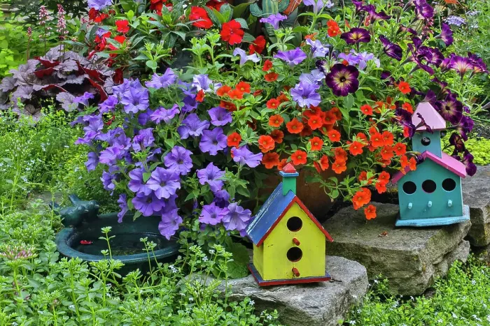 Framed Print : USA, Washington State, Sammamish. Colorful painted birdhouses mixed in with color flowers