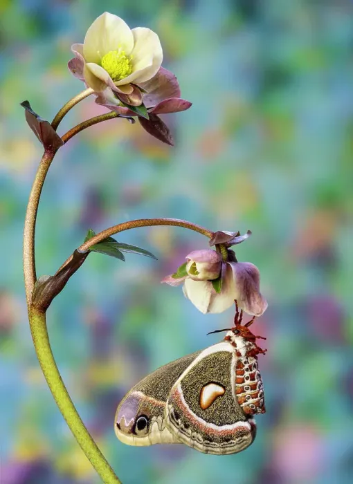 Framed Print : USA, Washington State, Sammamish. Female Hyalophora Columbia hanging on hellebore flower Framed Print : USA, Washington State, Sammamish. Female Hyalophora Columbia hanging on hellebore flower