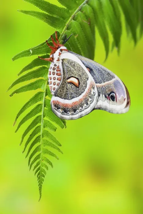 Framed Print : USA, Washington State, Sammamish. Close-up of Columbia silk moth on fern