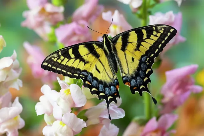 Framed Print : USA, Washington State, Sammamish. Eastern tiger swallowtail buttery on pink and white snapdragons