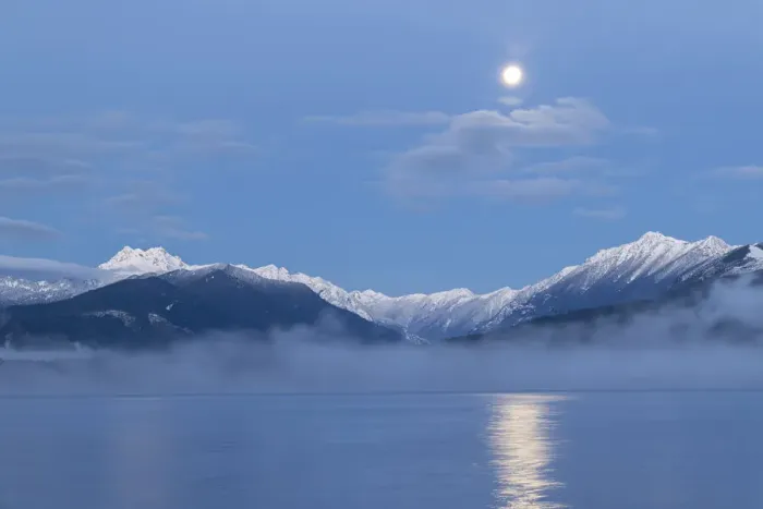 Framed Print : USA, Washington State, Seabeck. Moon setting over Olympic Mountains and Hood Canal